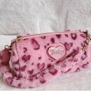 Juicy Couture Pink Leopard Fluffy Faux Fur Barrel Plush Shoulder Bag